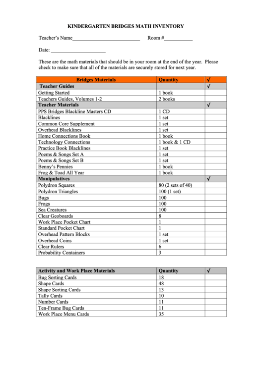 Kindergarten Bridges Math Inventory Template Printable pdf