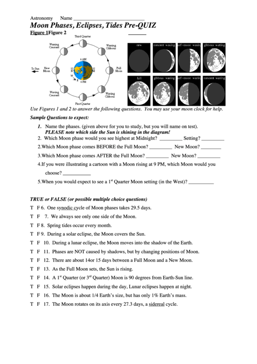 Moon Phases Eclipses Tides Pre Quiz Science Worksheets Printable Pdf Download