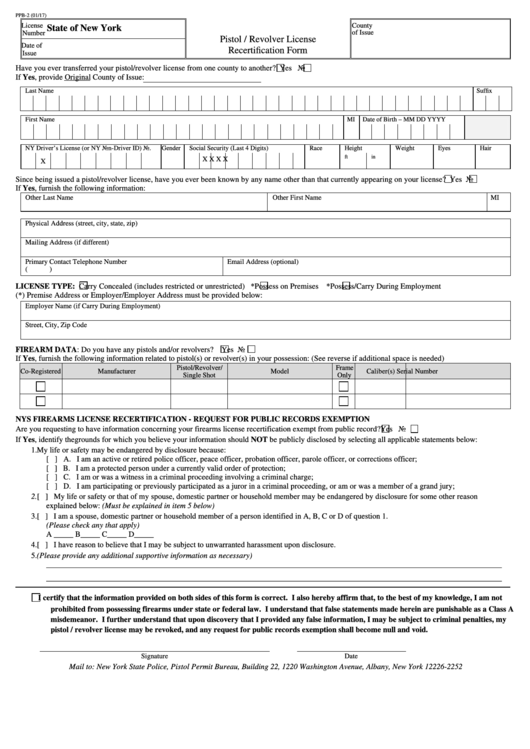 Form Ppb-2 - Pistol/revolver License Recertification Form Printable pdf