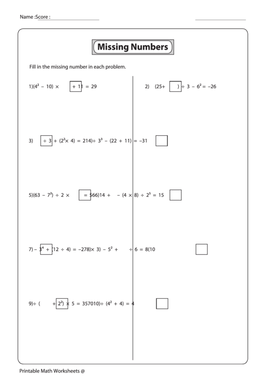 Missing Numbers Worksheet Printable pdf