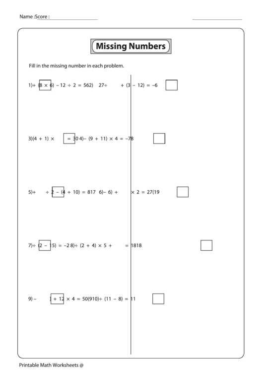 Missing Numbers Worksheet Printable pdf