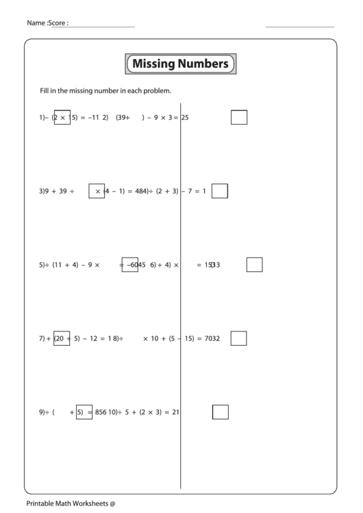 Missing Numbers Worksheet printable pdf download