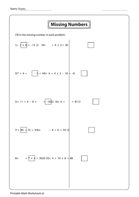 Vmissing Numbers Worksheet Printable pdf