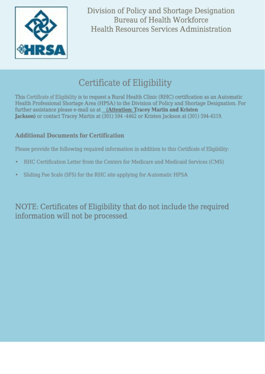 Fillable Certificate Of Eligibility - Division Of Policy And Shortage Designation Bureau Of Health Workforce, Health Resources Services Administration Printable pdf
