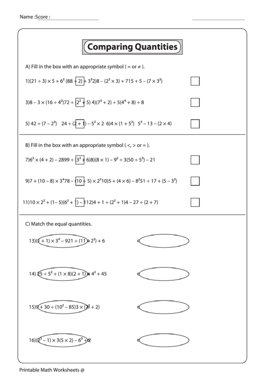 Comparing Quantities Worksheet Printable pdf