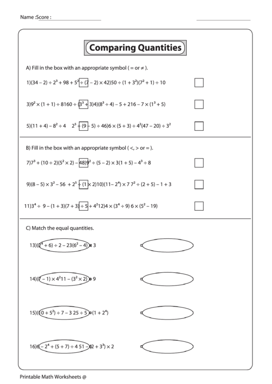 Comparing Quantities Worksheet Printable pdf