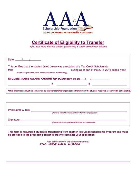 Fillable Certificate Of Eligibility To Transfer Template Printable pdf