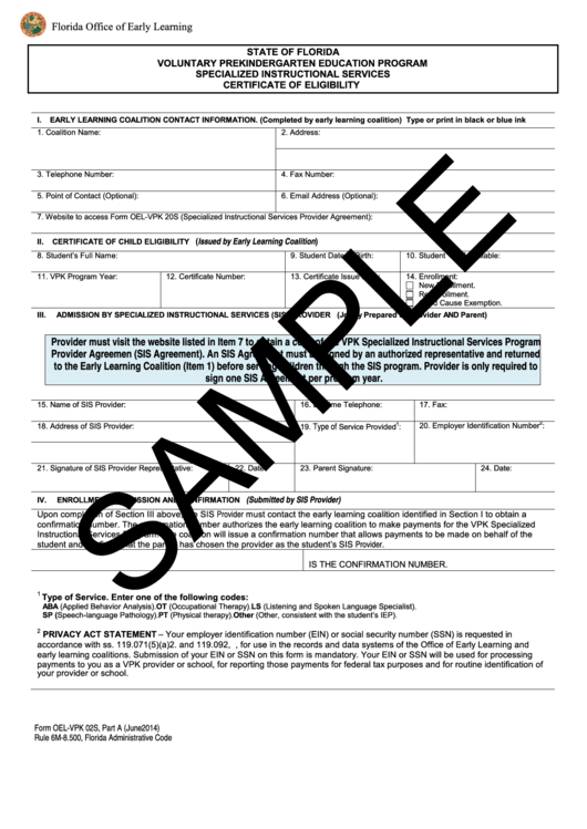 Fillable Form Oel-Vpk 02s - Part A - Certificate Of Eligibility Printable pdf