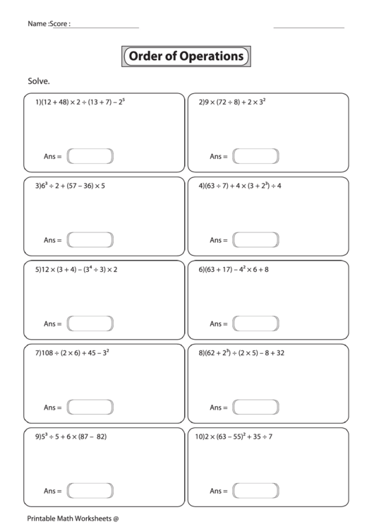 Order Of Operations Worksheet printable pdf download