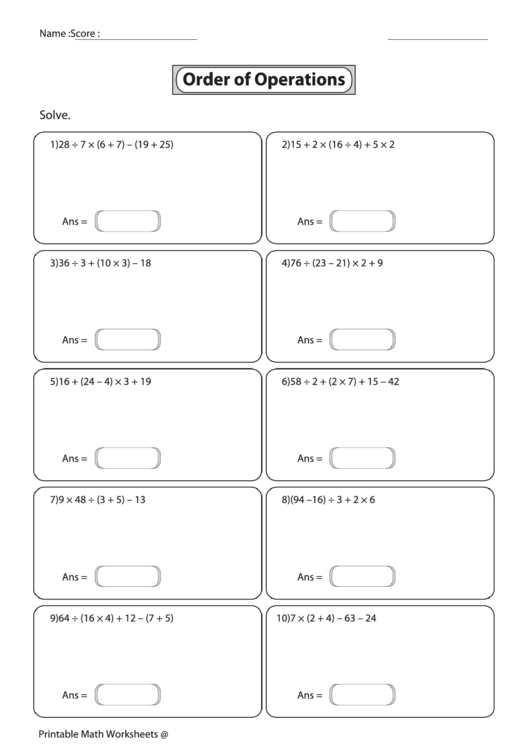 Order Of Operations Worksheet printable pdf download