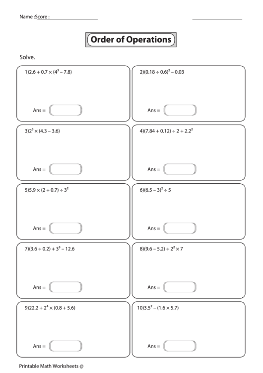 Order Of Operations Worksheet printable pdf download