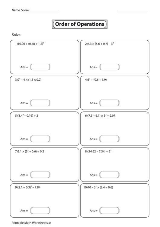 Order Of Operations Worksheet printable pdf download