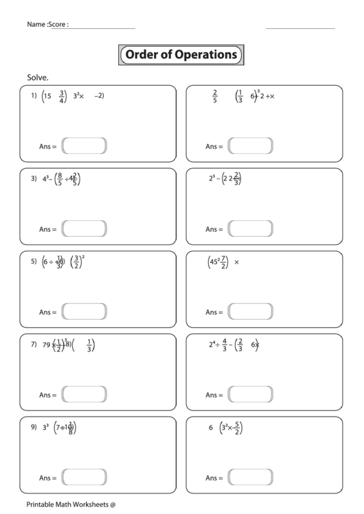 Order Of Operations Worksheet printable pdf download