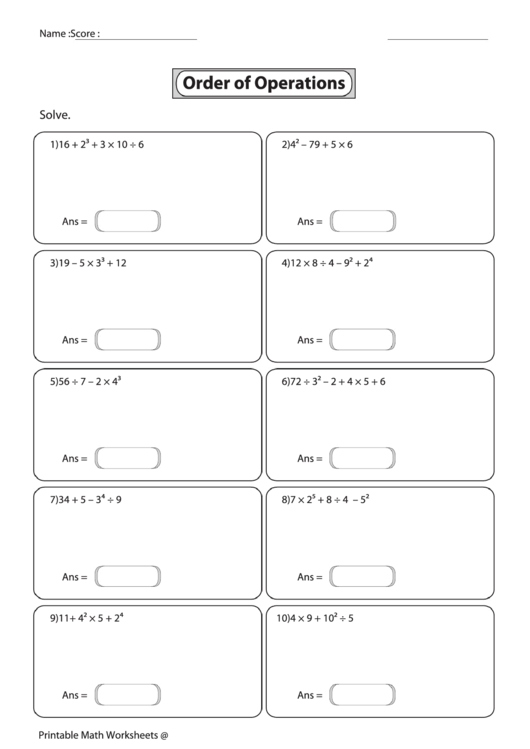 Order Of Operations Worksheet printable pdf download