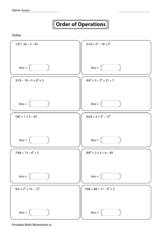 Order Of Operations Worksheet printable pdf download