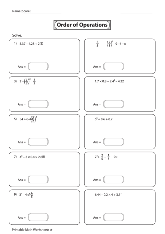Order Of Operations Worksheet printable pdf download