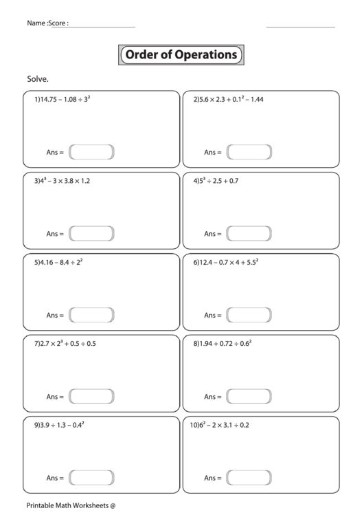 Order Of Operations Worksheets printable pdf download