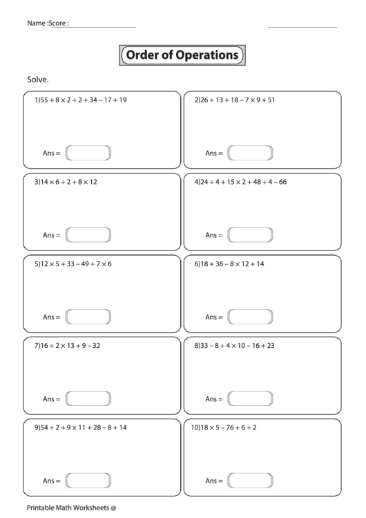 Order Of Operations Worksheets printable pdf download