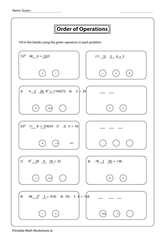 Order Of Operations Worksheet printable pdf download