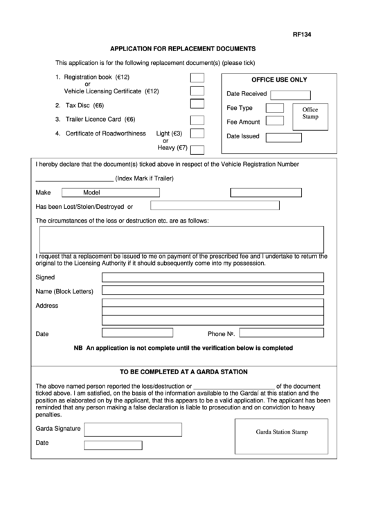 Application Form To Replace A Vehicle Document Rf134 Printable pdf