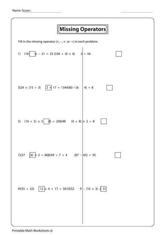 Missing Operators Worksheet Printable pdf