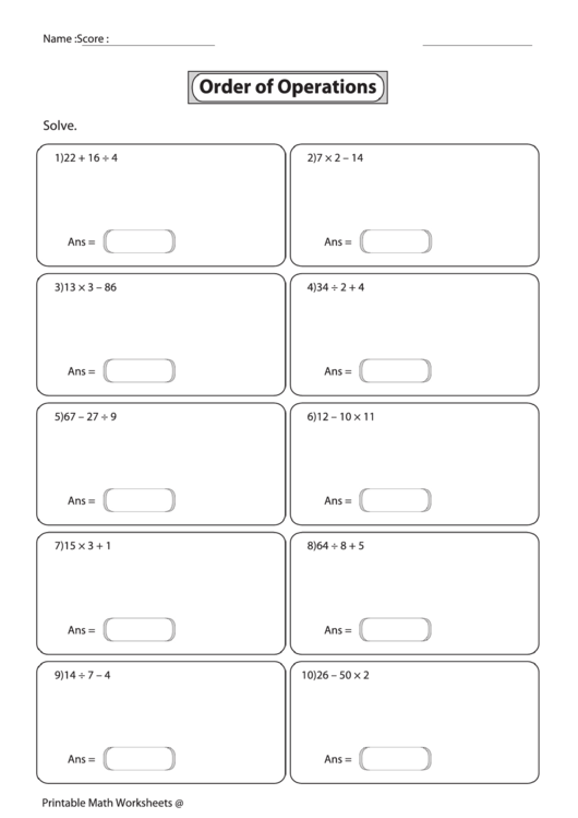 Order Of Operations Worksheet printable pdf download