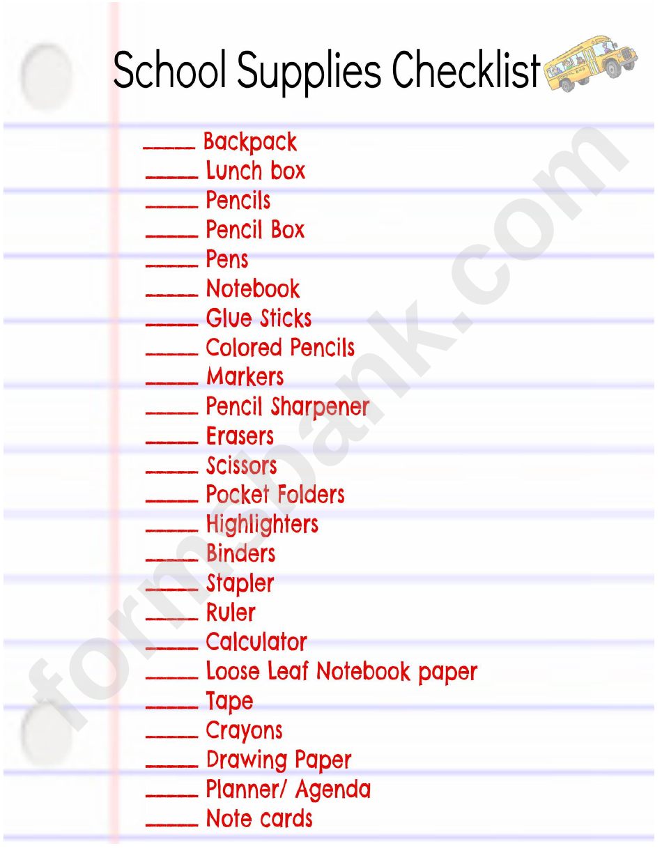 School Supplies Checklist