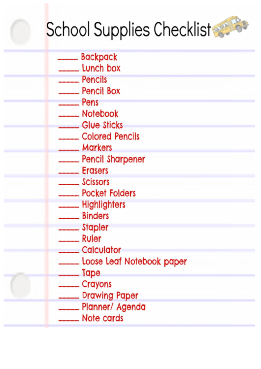 School Supplies Checklist Printable pdf