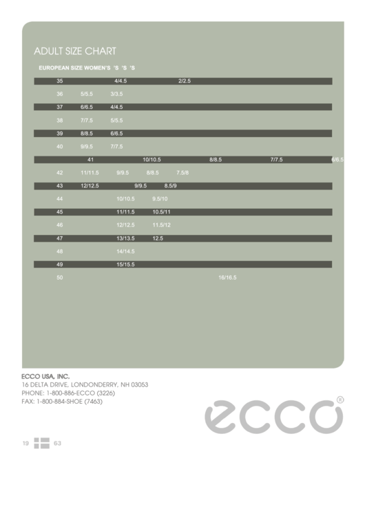 Ecco Adult Shoe Size Chart Printable pdf