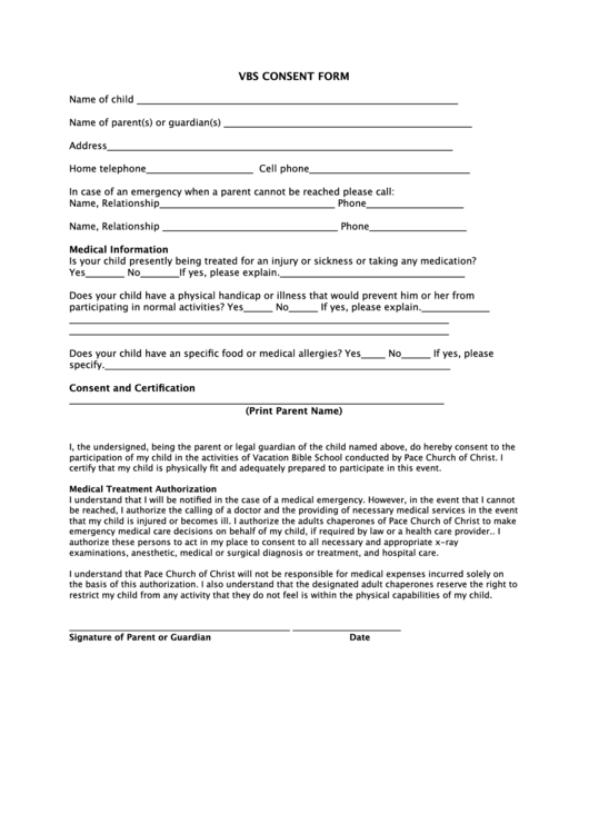 Vbs Consent Form Printable pdf