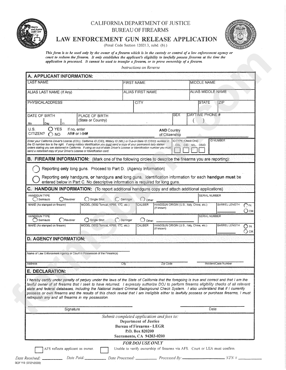 Bof-119 - Application For Gun Release - City Of Hollister - State Of California