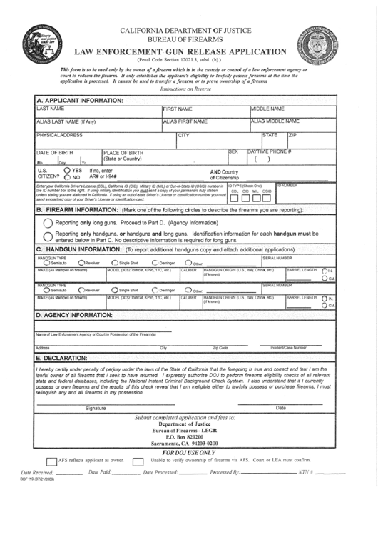 Bof-119 - Application For Gun Release - City Of Hollister - State Of California Printable pdf