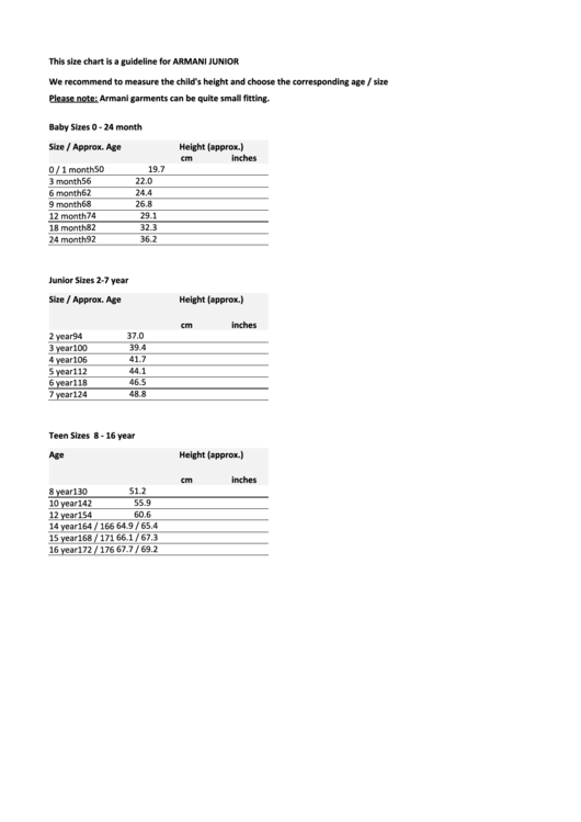 Armani Junior Size Chart Printable pdf