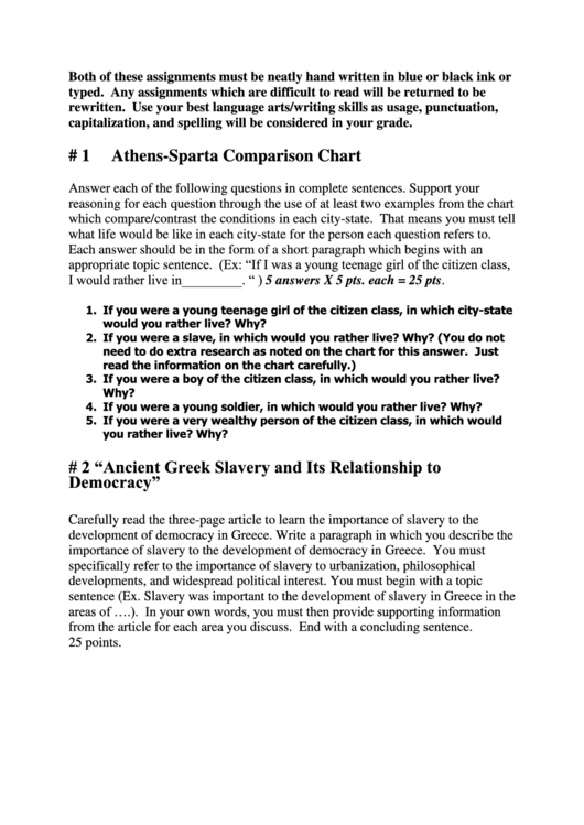 Athens-Sparta Comparison Chart Printable pdf