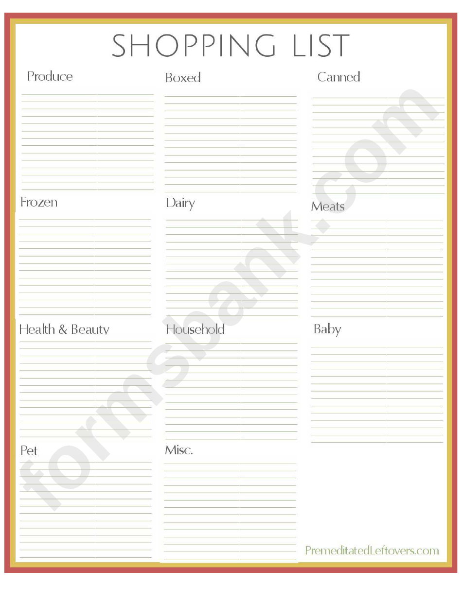 Shopping List Spreadsheet
