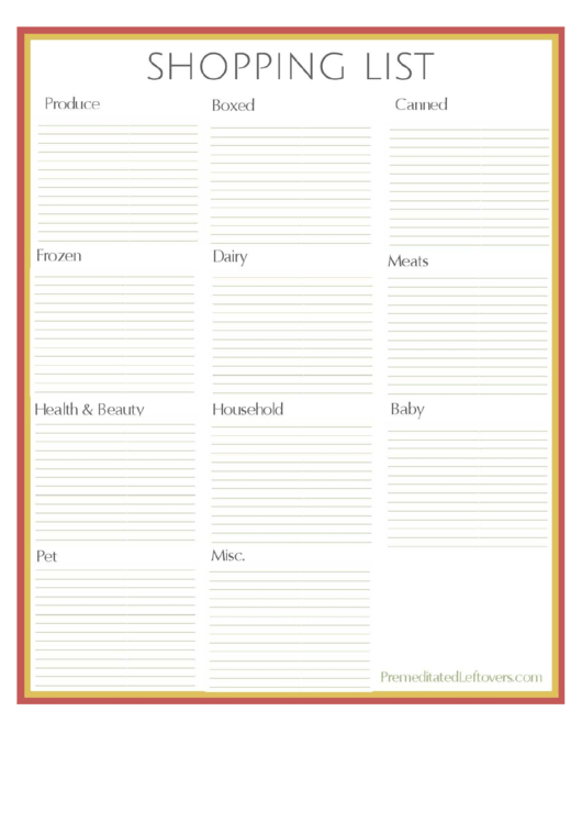 Shopping List Spreadsheet Printable pdf