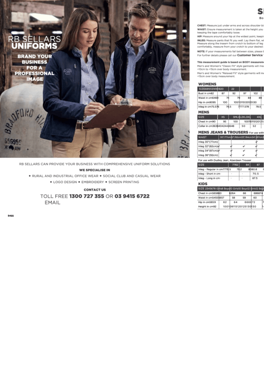 Rb Sellars Uniforms Size Chart Printable pdf