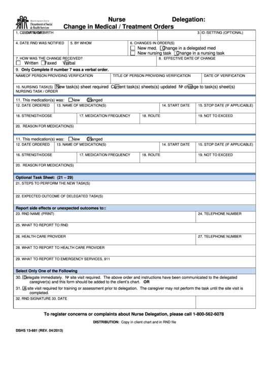 Nurse Delegation: Change In Medical/treatment Orders Printable pdf