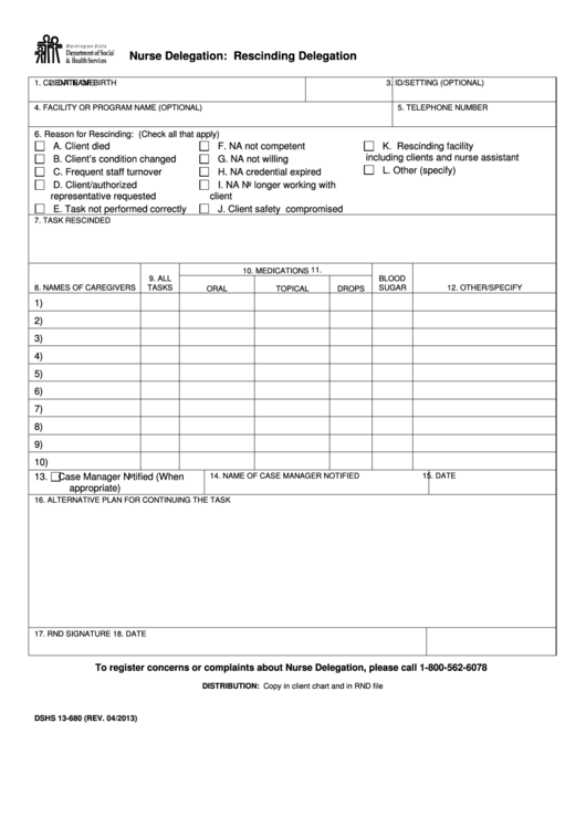 Nurse Delegation Rescinding Delegation Form Printable pdf