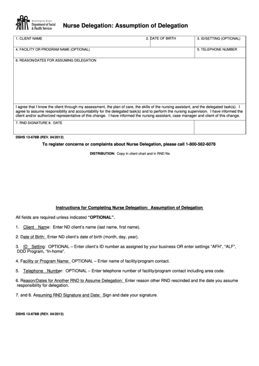 Nurse Delegation Assumption Of Delegation Form Printable pdf
