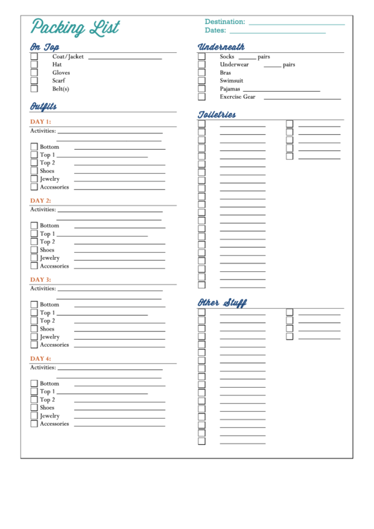 Packing List Template - Blank Printable pdf