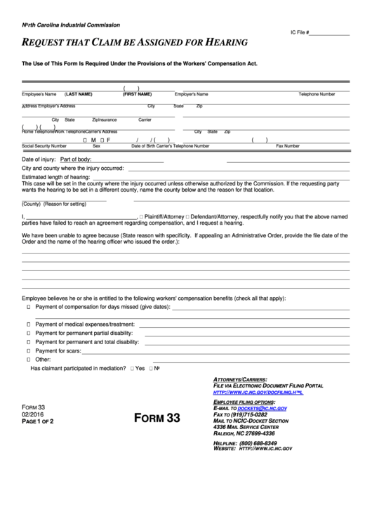 Form 33 - North Carolina Industrial Commission, Request That Claim Be Assigned For Hearing Printable pdf