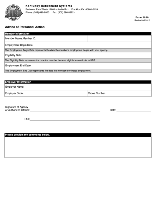 Fillable Advice Of Personnel Action Form 2020 - Kentucky Retirement Systems Printable pdf