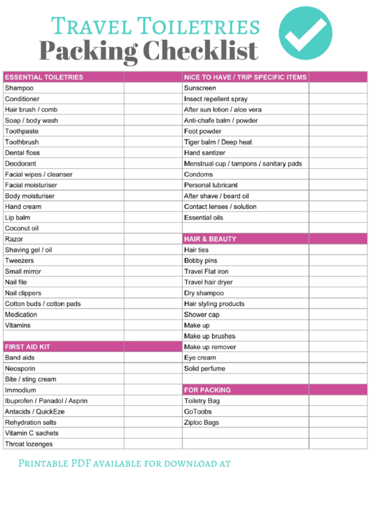 Travel Toiletries List Printable pdf