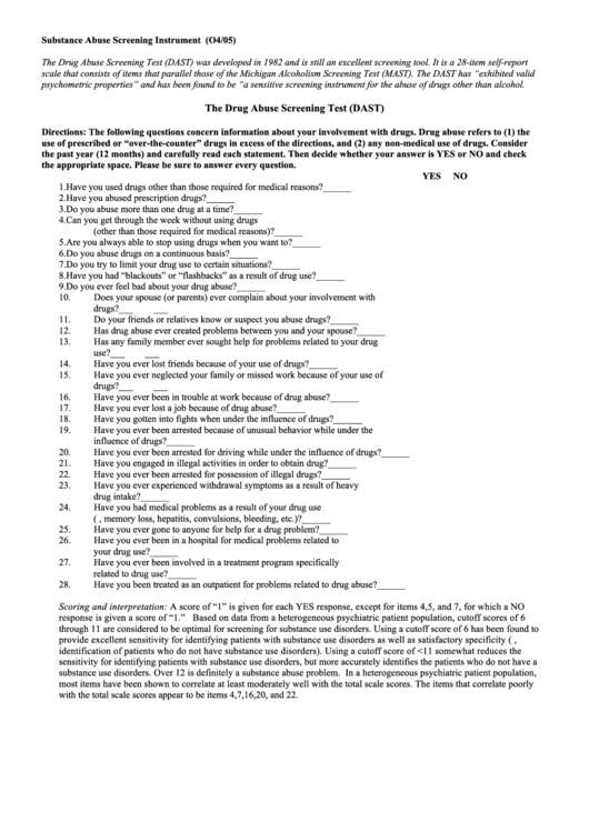 The Drug Abuse Screening Test Template (Dast) Printable pdf