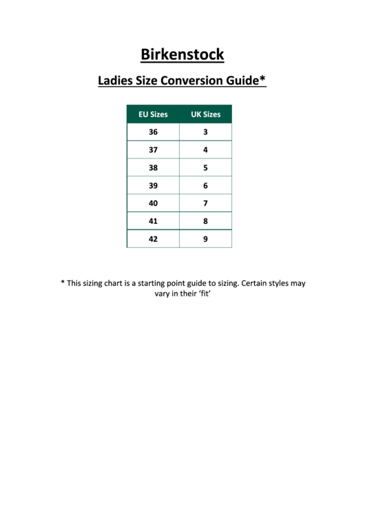 Birkenstock Ladies Size Conversion Guide Printable pdf