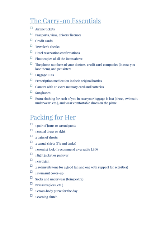 Vacation Packing List For Him And Her Printable pdf