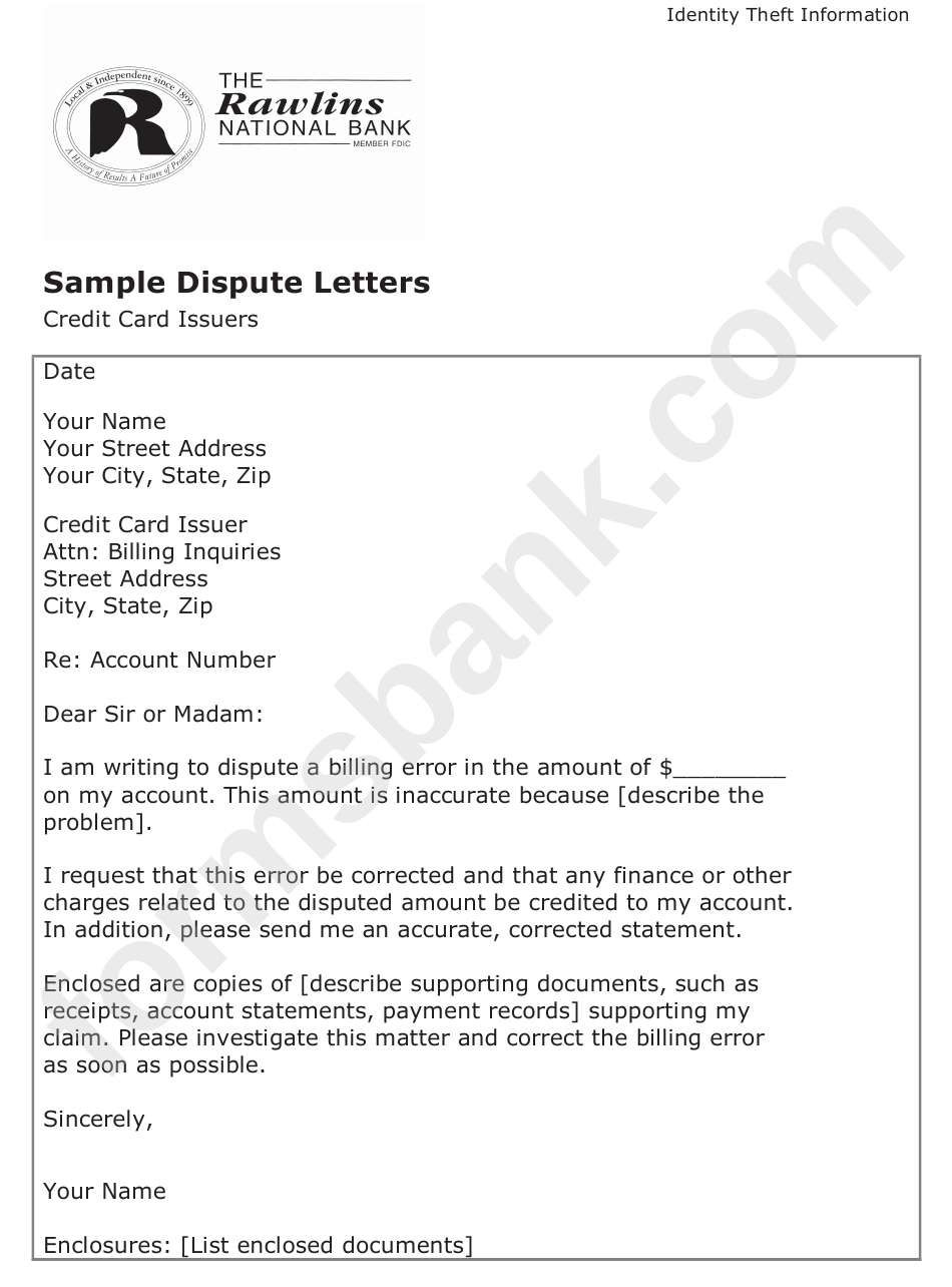 Sample Dispute Letter Template - Credit Card Issuers