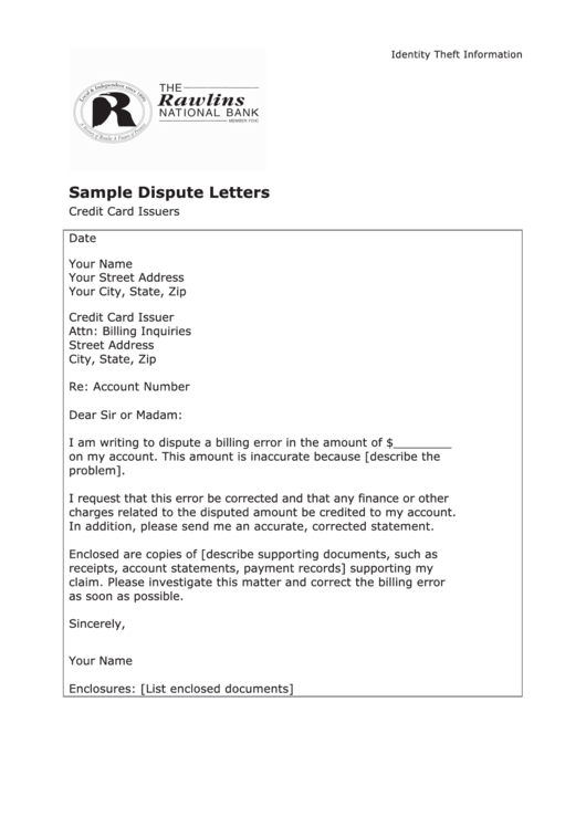 Sample Dispute Letter Template - Credit Card Issuers Printable pdf