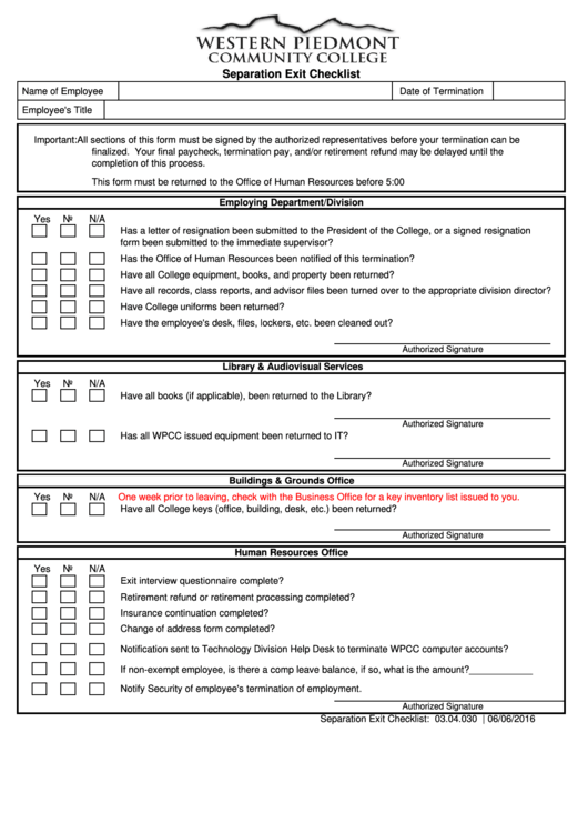 Fillable Separation Exit Checklist Printable pdf